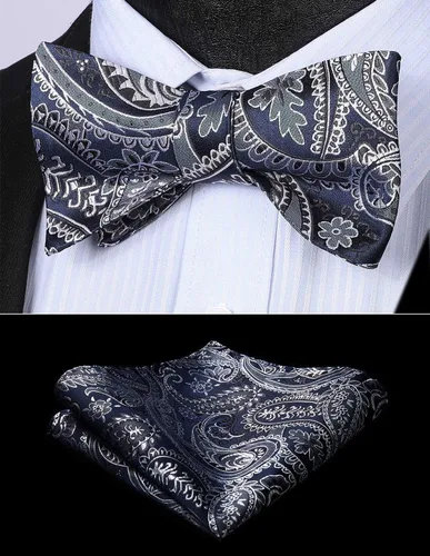 Vista 48 de HISDERN Pajaritas para hombre, corbatín de cachemira para hombre, corbata de lazo y bolsillo cuadrado, juego formal de esmoquin para boda