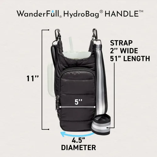 Vista 4 de WanderFull® Ranura con cremallera original HydroBag® HANDLE™ para mango, soporte para botella de agua cruzado manos libres y accesorios para vasos