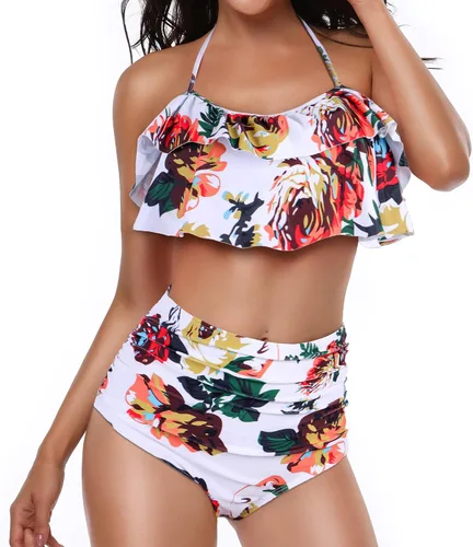 Vista 2 de Heat Move- Traje de baño de dos piezas para mujer, estilo retro, cintura alta, cuello halter