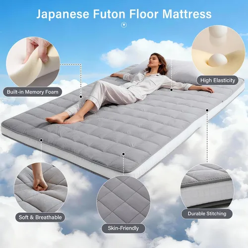 Vista 3 de Welnow Colchón de futón japonés, tamaño individual, tapete grueso de tatami, portátil y plegable, colchón enrollable con bolsa de almacenamiento
