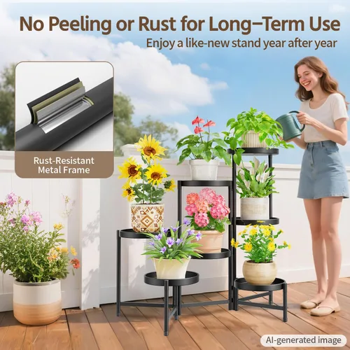 Vista 7 de LASZOLA Soporte plegable para plantas de interior de 7 niveles para múltiples macetas grandes, estante ajustable alto y resistente con bandeja de 10