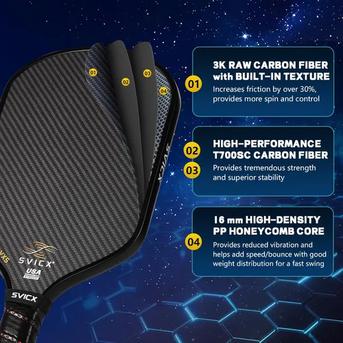 Vista 5 de Carbon Fiber Pickleball Paddle 16mm – Professional Pickleball Paddles with Superior Control, Power & Spin – Extended Handle for Two-Handed Grip