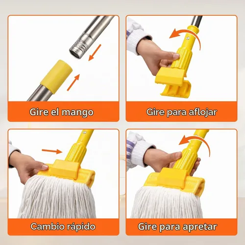 Vista 5 de Trapeador industrial profesional de alta resistencia con mango de 48 pulgadas de largo, mopas comerciales húmedas de algodón para limpieza de pisos