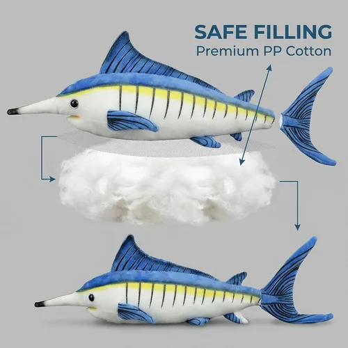 Vista 5 de Juguete de peluche de pez Marlin de simulación, animales realistas de 18.5 pulgadas, animales de peluche azul Marlin, muñecas de felpa súper suaves