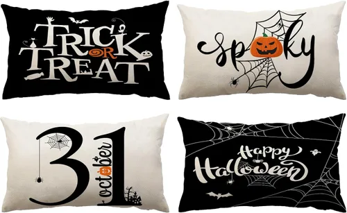 Vista 16 de Fundas de almohada de Halloween de 12 x 12 pulgadas, juego de 4 fundas de almohada decorativas con diseño de truco o trato, fundas de almohada