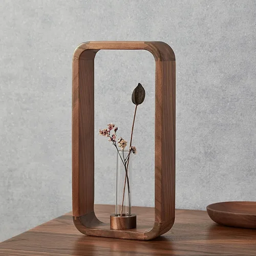Vista 2 de Transprent - Jarrón de vidrio, tubo de ensayo, soporte para plantas hidrofílicas, marco de madera de nogal, soporte de flores, mesa de jardín