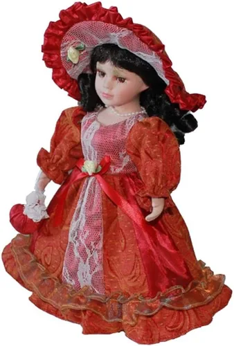 Vista 4 de Unknown - Miniaturas de porcelana elegantes de 12 pulgadas, pelo de niña, sombrero, bolso, zapatos, vestido y soporte de exhibición, color rojo