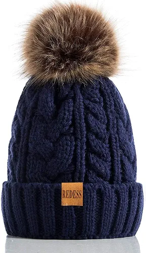 Vista 16 de Redess Gorro de invierno con pompón y forro polar cálido, grueso y holgado, tejido, para la nieve, para esquiar, para mujer Beige