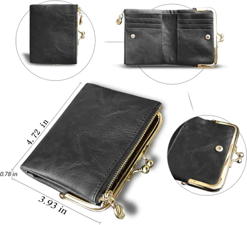 Vista 13 de AOXONEL Cartera para mujer, pequeña, Rfid, compacta, plegable, de piel, vintage, con cremallera y cierre de beso