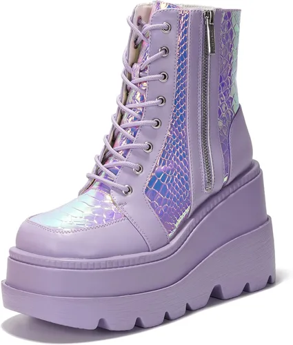 Vista 10 de Cape Robbin Botines de plataforma holográficos para mujeres, tacones gruesos en bloque, punta puntiaguda, cuero PU con correa de hebilla