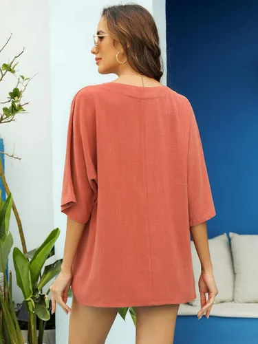 Vista 5 de Camisas de lino natural 100 % algodón para mujer, manga corta, ajuste holgado, casual, para verano