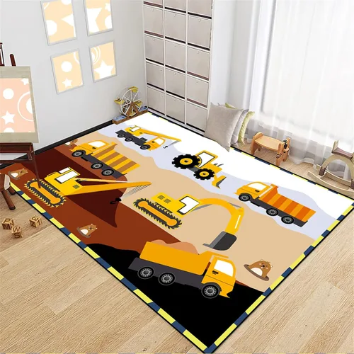 Vista 21 de Alfombra de construcción – Alfombras de construcción para habitación de niños, divertido diseño de camión de dibujos animados, alfombra de coche