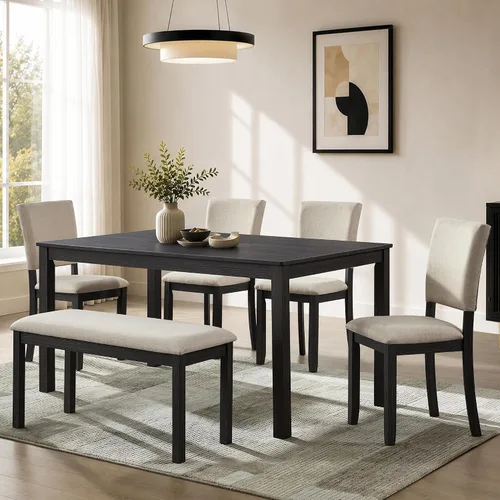 Vista 14 de Juego de mesa de comedor de 6 piezas con banco y 4 sillas Negro Beige-1