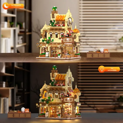 Vista 2 de INSOON City Bakery Cafe House - Set de construcción de casa con luz, 1289 piezas de juguete de bloques de construcción de panadería con sala