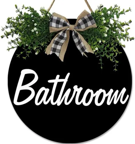 Vista 11 de Letrero de madera para baño, estilo granja, inodoro, placa colgante de madera, rústico, retro, decoración de pared para el hogar, rústico, casa