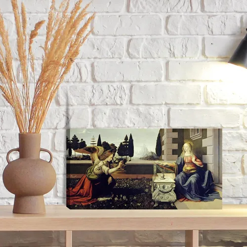 Vista 2 de Anunciación de Leonardo da Vinci Reproducciones de arte clásico, impresiones en lienzo giclée para decoración del hogar, 16 x 30 pulgadas