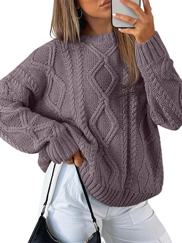 Vista 8 de Trendy Queen Suéteres de punto trenzado de gran tamaño para mujer, trajes Verde militar