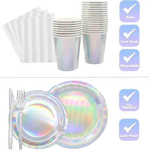 Vista 7 de 144 piezas Suministros de fiesta iridescentes Juego de vajilla de fiesta iridescente Sirve para 24 invitados Incluye platos de papel holográficos