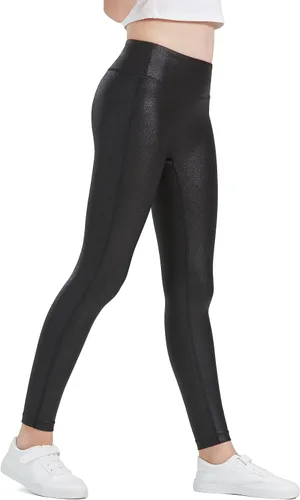 Vista 4 de HARTPOR Leggings de piel sintética para niñas, leggings de piel elástica de cintura alta, pantalones de cuero para adolescentes
