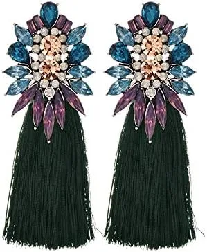 Vista 3 de Pendientes de gota vintage Pendientes de flor grande étnicos largos con borlas colgantes para mujer Mimir Eco (púrpura zafiro)