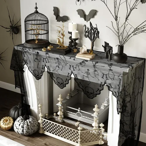 Vista 7 de AerWo Cubierta de bufanda de encaje negro para chimenea, decoración de Halloween para interiores, decoración de cortina de ventana de puerta