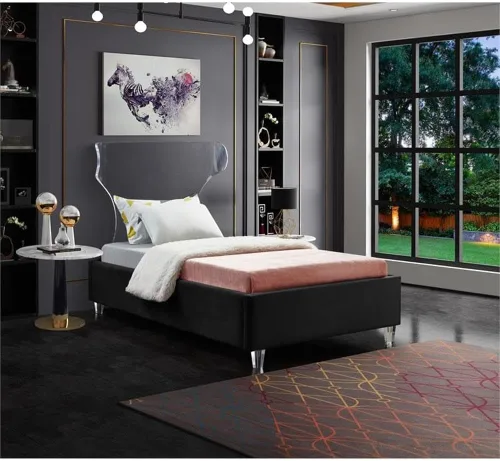 Vista 2 de Meridian Furniture Colección Ghost Modern Cama tapizada de terciopelo contemporánea con cabecera y patas acrílicas, tamaño individual, color negro