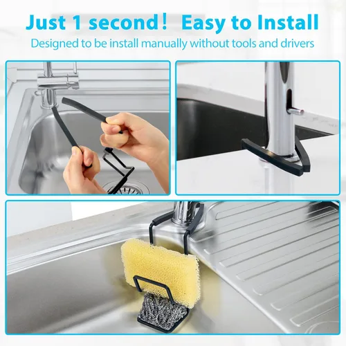 Vista 4 de Soporte de esponja para fregadero - Bandeja de ducha para grifo - Organizador de metal para cocina y baño, fijación alrededor del grifo