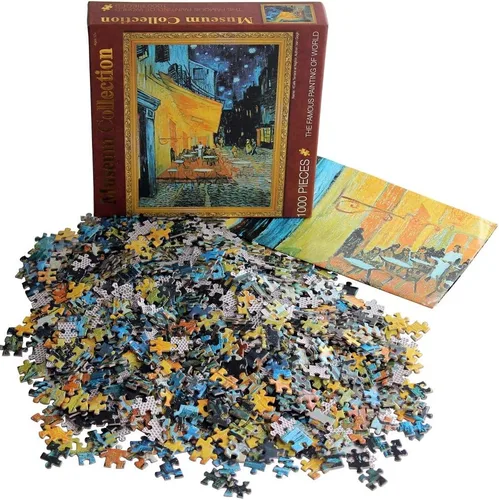 Vista 2 de Moruska Rompecabezas de 1000 piezas para adultos de Vincent Van Gogh con terraza de café en la noche Colección del museo Jigsaw Puzzle, obra