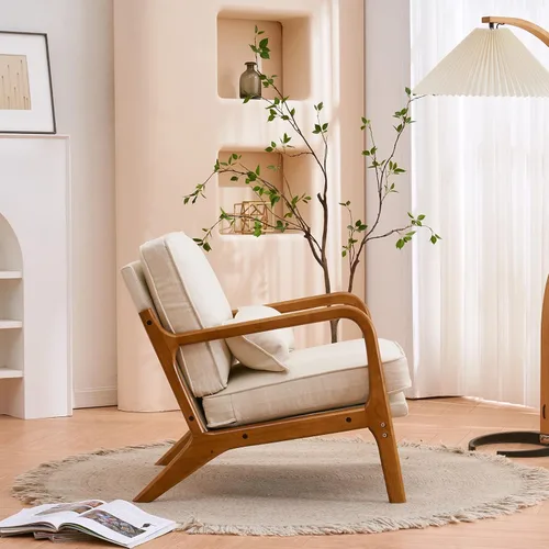 Vista 5 de Silla de ocio con reposabrazos y patas de madera maciza, silla de sala de estar moderna de mediados de siglo, sofá individual, para sala de estar