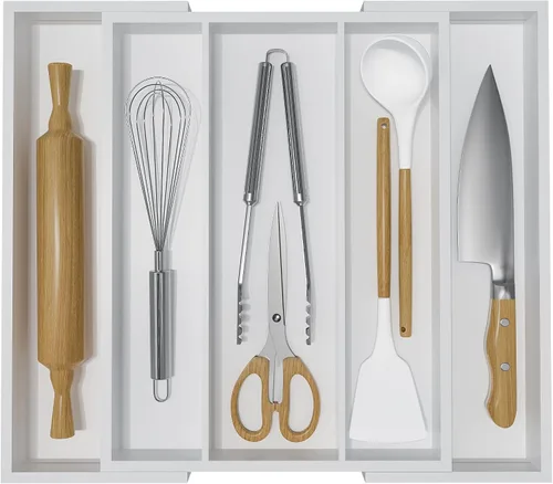 Vista 11 de Organizador de utensilios de cocina, bandeja de cubiertos – Organizador de cubiertos de bambú expandible, 5 ranuras, organizador de cubiertos Negro