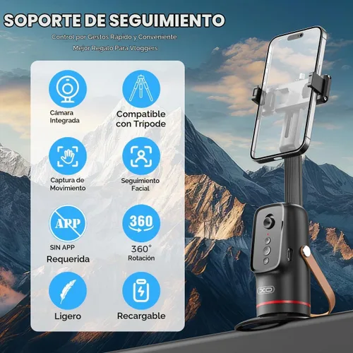 Vista 6 de Trípode de teléfono de seguimiento automático con gestos y control remoto, soporte giratorio de 360° para cámara de teléfono para vlogging manos