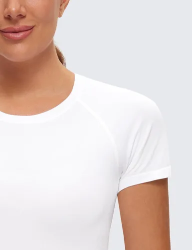 Vista 5 de CRZ YOGA Camisetas de entrenamiento sin costuras para mujer, transpirables, de manga corta, para gimnasio, correr, yoga, atléticas