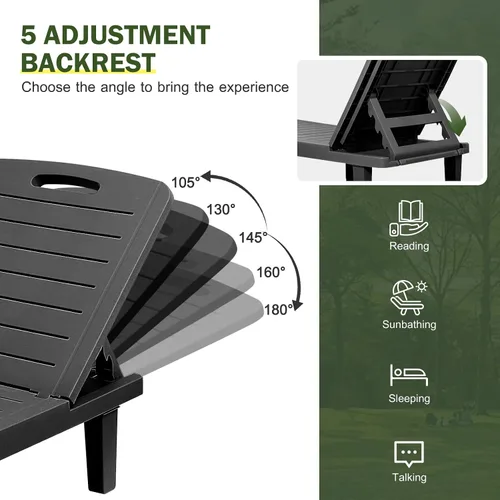 Vista 4 de CDCASA Chaise Lounge al aire libre, sillas de piscina multifuncionales con 5 posiciones ajustables y bandeja lateral, salas de resina impermeables