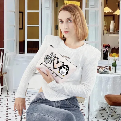 Vista 6 de LEVLO Pingüinos divertidos cosméticos maquillaje bolsa de regalo amante de los animales paz amor pingüinos maquillaje cremallera bolsa de pingüinos