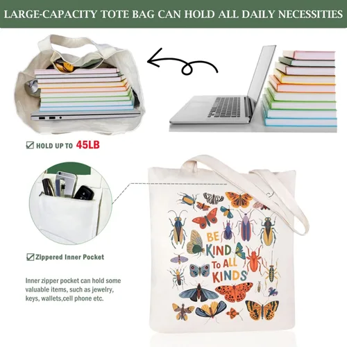 Vista 6 de Bolsa de lona estética para mujer con bolsillo interior, bolsa de hombro para libros, bolsas reutilizables para compras