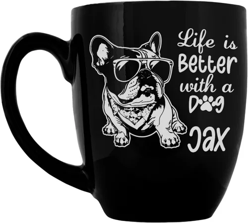 Vista 2 de PlaqueMaker Taza de café Bistro de cerámica personalizada, texto grabado con láser, 16 onzas (negro)