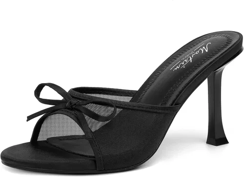 Vista 20 de Mostrin - Sandalias con tacón de gatitos para mujer, con punta redonda con lazo, vintage, sexy, de tacón aguja, sin talón, para fiesta y uso diario