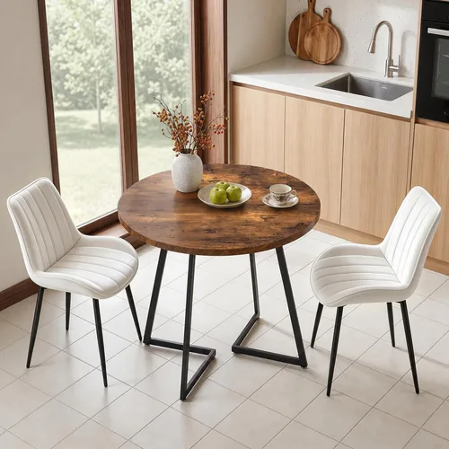 Vista 2 de VECELO Juego de mesa de comedor de 3 piezas, mesa de cocina redonda con 2 sillas tapizadas de terciopelo, diseño de ahorro de espacio para Marrón