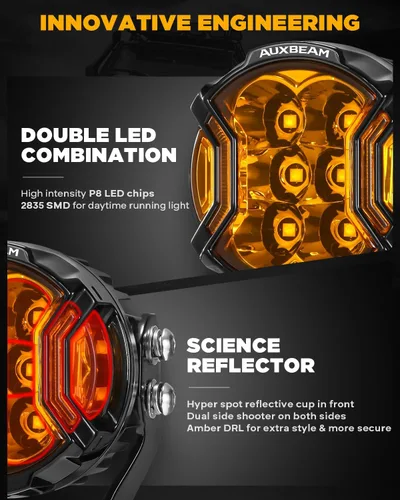 Vista 2 de Auxbeam V-Ultra Series - Faros antiniebla ámbar tipo cápsula de 3 pulgadas y 108W, función DRL, 3 modos y cubiertas protectoras, barra de luz