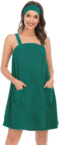 Vista 26 de Veseacky Toalla de baño para mujer con bolsillo, bata de spa ajustable y diadema facial