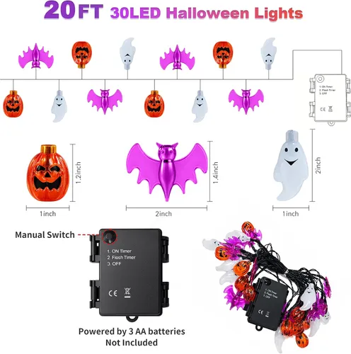 Vista 7 de Halloween Lights, 20FT 30 LED 3D Waterproof Pumpkin Ghost Bat String Lights