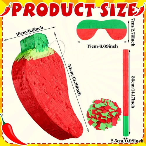 Vista 3 de Meooeck Piñata de chile rojo con palito de piñata y venda, piñata divertida para fiesta de festivales de pimiento picante, decoración de fiesta