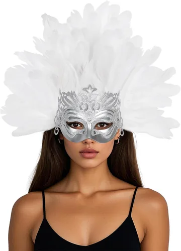 Vista 9 de Tocado de plumas para mujer, máscara de carnaval, tocado de plumas para carnaval, accesorios de fiesta de Mardi Gras