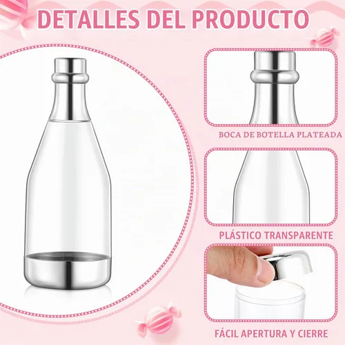 Vista 3 de Gerrii Juego de 60 piezas de contenedores para botellas de champán plateadas, mini botellas de caramelo de champán de plástico, frascos de caramelo