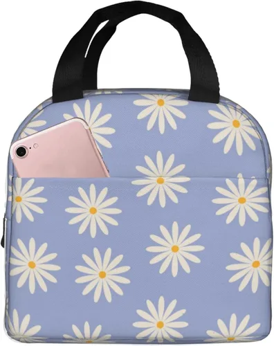 Vista 11 de Lonchera Kawaii con diseño de margaritas azules para mujeres y hombres, bonita lonchera aislada con bolsillo frontal para el trabajo, picnic y viajes