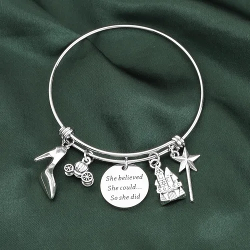 Vista 6 de PLITI Pulsera ajustable de acero inoxidable con texto en inglés "She Believed She Could So She Did", regalo para fanáticos de hadas