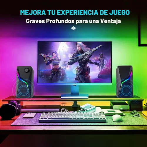 Vista 2 de Altavoces de computadora para PC de escritorio, alimentados por USB con conexión AUX, 6 modos de iluminación RGB, control de perilla de volumen