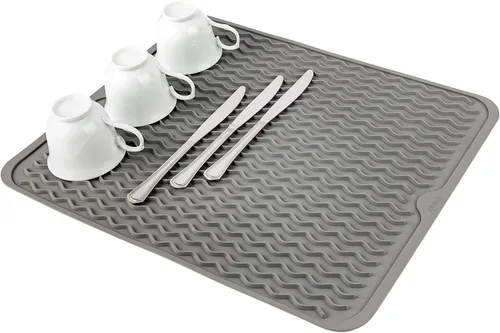 Vista 7 de Oizeir Tapete de silicona para secar platos, agujero de drenaje, antideslizante, resistente al calor, plegable. Ideal para platos, fregadero de Gris