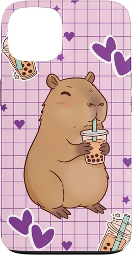 Vista 7 de Funda Kawaii Anime Capybara Beber Boba Bubble Tea Kids Girls para iPhone 17