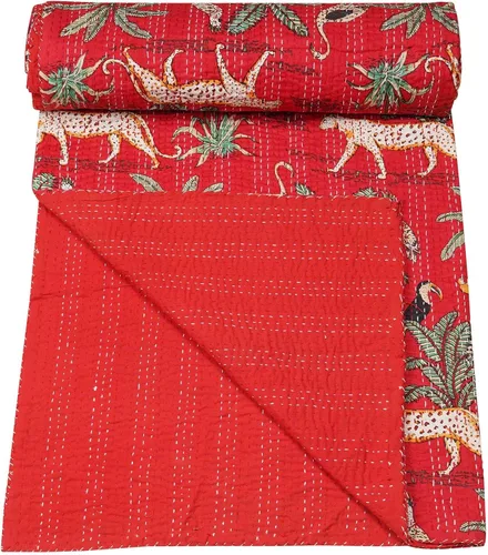 Vista 9 de Marubhumi Edredón tradicional indio de algodón puro con estampado de selva Kantha, funda de cama, colcha Kantha con estampado de animales, Negro